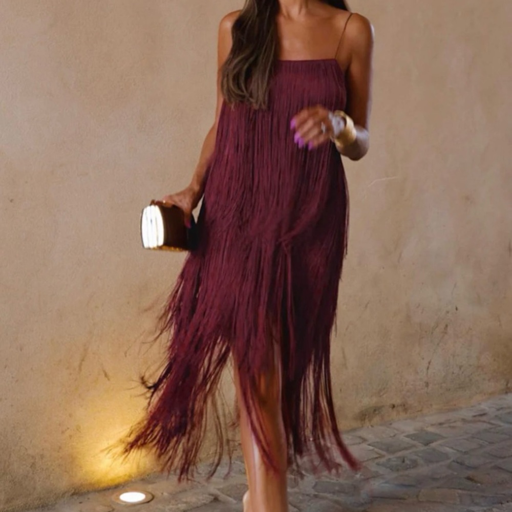 NWT Fringe/Tassel Open Back Dress - Burgundy Small